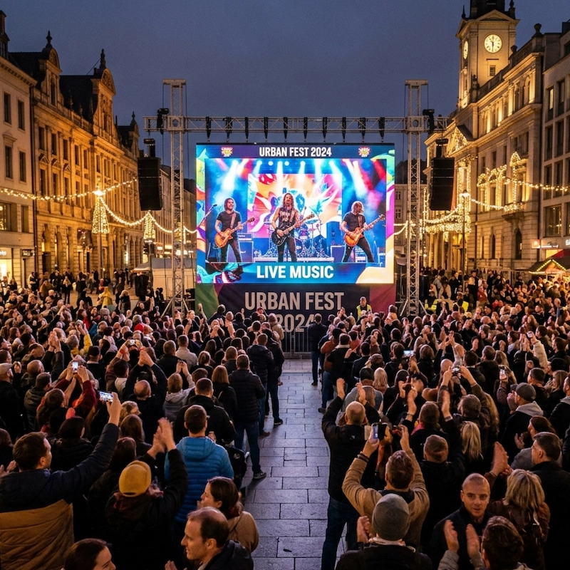 Ecrã LED gigante num evento ao ar livre numa praça